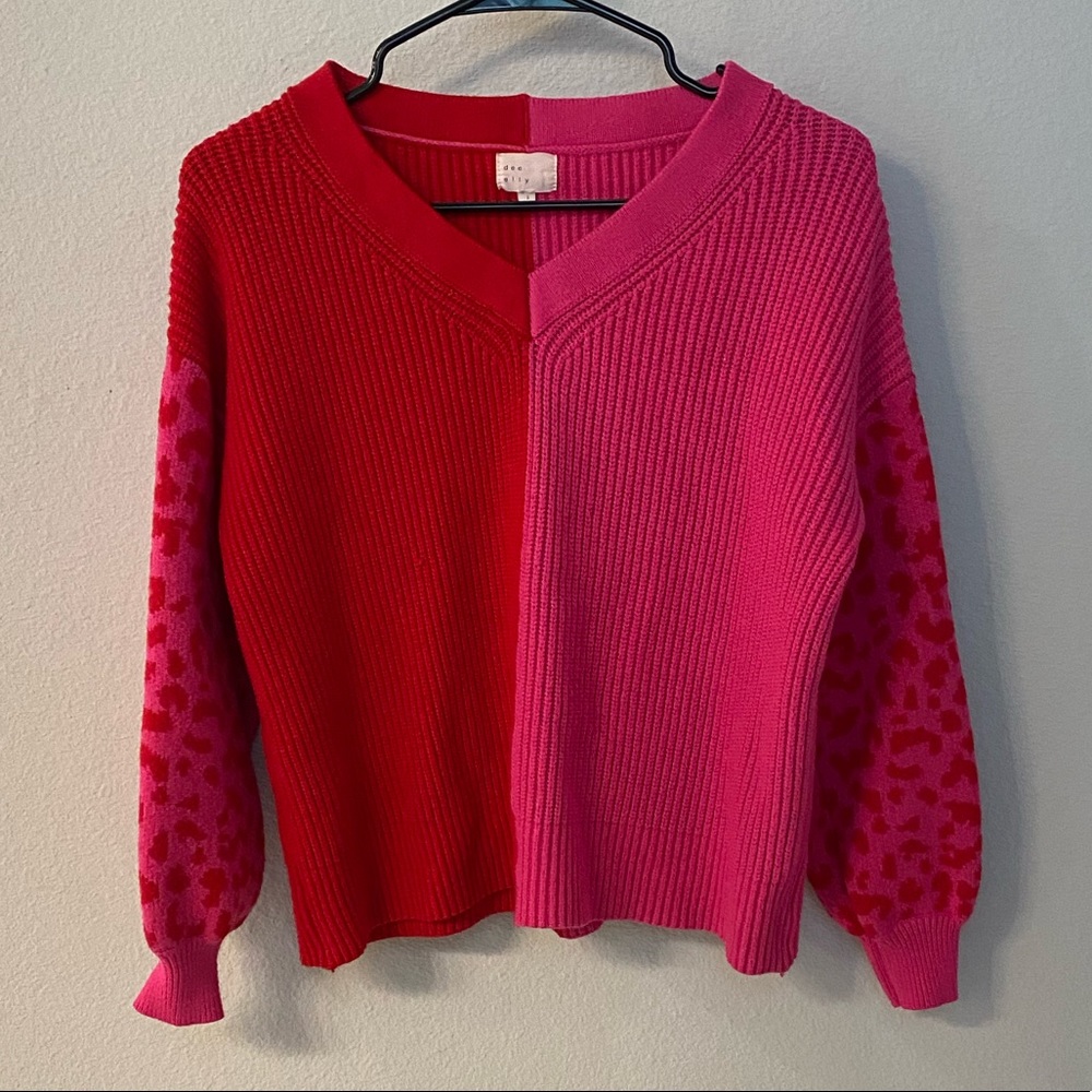 Pink & red leopard sleeve cropped-ish sweater